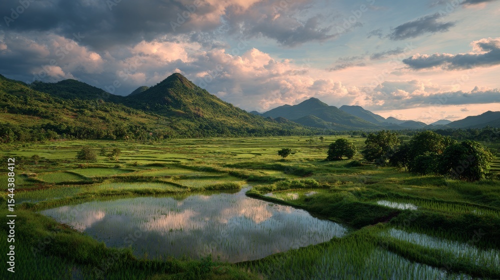 Fototapeta premium Breathtaking view of lush mountains and reflective rice fields.