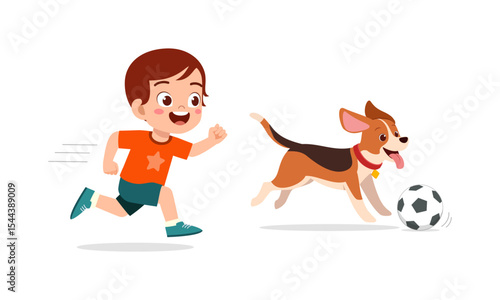 Happy Young Boy Playing Soccer with His Dog, Running Together with Smiling Face in Cartoon Style