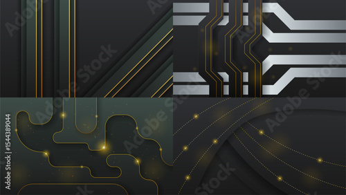 Set Abstract Collection Dark Black Gold Material Modern Background With Golden Lines Stripes Shadows Backdrop Wallpaper Decoration Vector Design Style