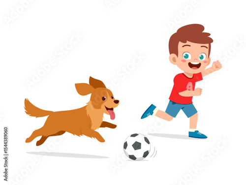 Happy Boy Chasing a Soccer Ball with His Dog Running Beside Him, Both are Cheerful