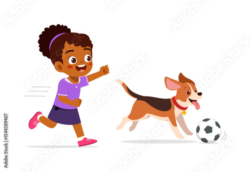 Happy African girl chasing dog playing soccer with excited expression in cartoon style