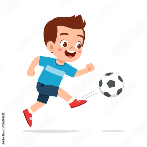 Excited Young Boy Kicking Soccer Ball, Wearing Blue Shirt, Having Fun Isolated on White