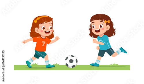 Two happy girls are playing soccer on grass, smiling expression, having fun in illustration style