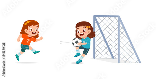 Two happy little girls playing soccer together near the goal post on white background