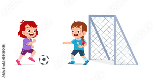 Two cheerful kids playing soccer near a goal, smiling and having fun illustration