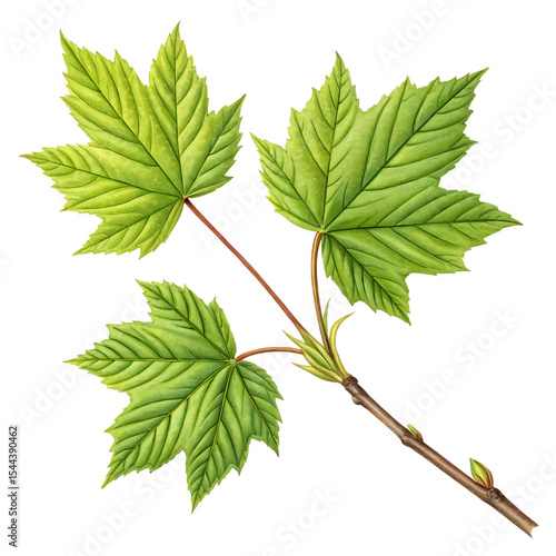 Green branch with isolated fresh leaves, a symbol of nature's beauty and summer growth