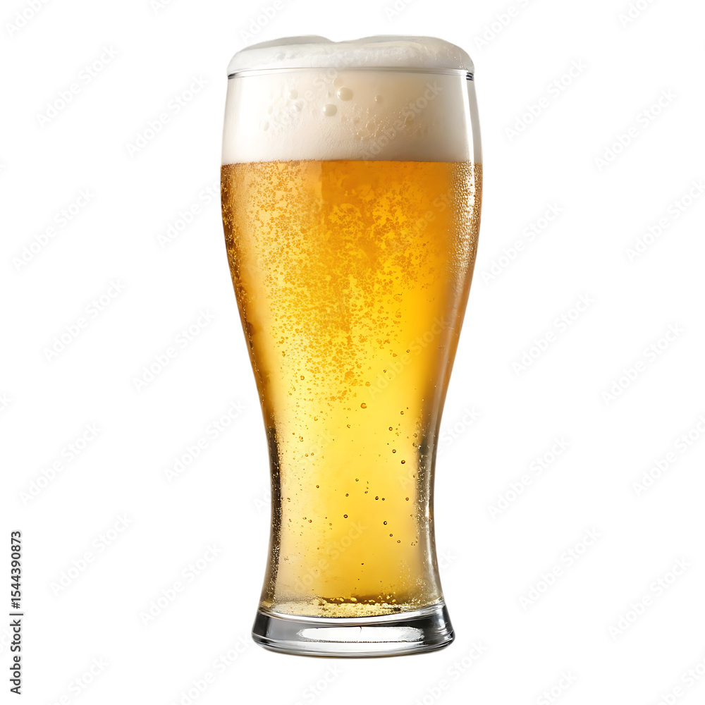 Cold golden lager beer in a frosty pint glass with a frothy head, isolated on white for a refreshing beverage shot Cold golden lager beer in a frosty pint glass with a frothy head, isolated on white for a refreshing beverage shot