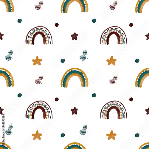 Seamless pattern with watercolor illustrations of rainbows, stars. Pattern for kids textile, fabric, wrapping paper, backdrops. 