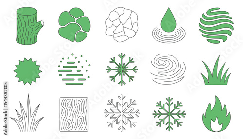 A vibrant set of green leaf icons symbolizing nature, ecology, and environmental design elements