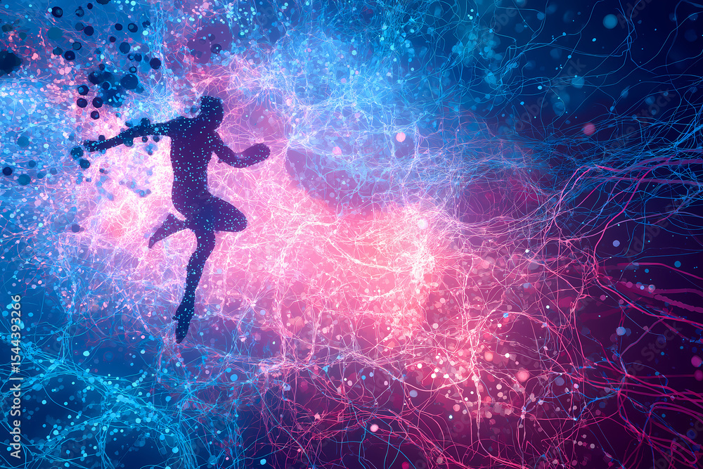 Naklejka premium Futuristic Neon Cybernetic Human Silhouette Connected To Data Network 