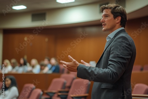 A business leader standing at the front of an auditorium, facing out to his audience during their presentation.