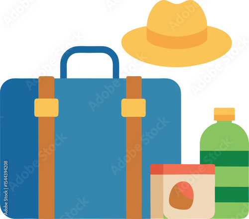 Summer Vacation Travel Essentials with Suitcase and Hat