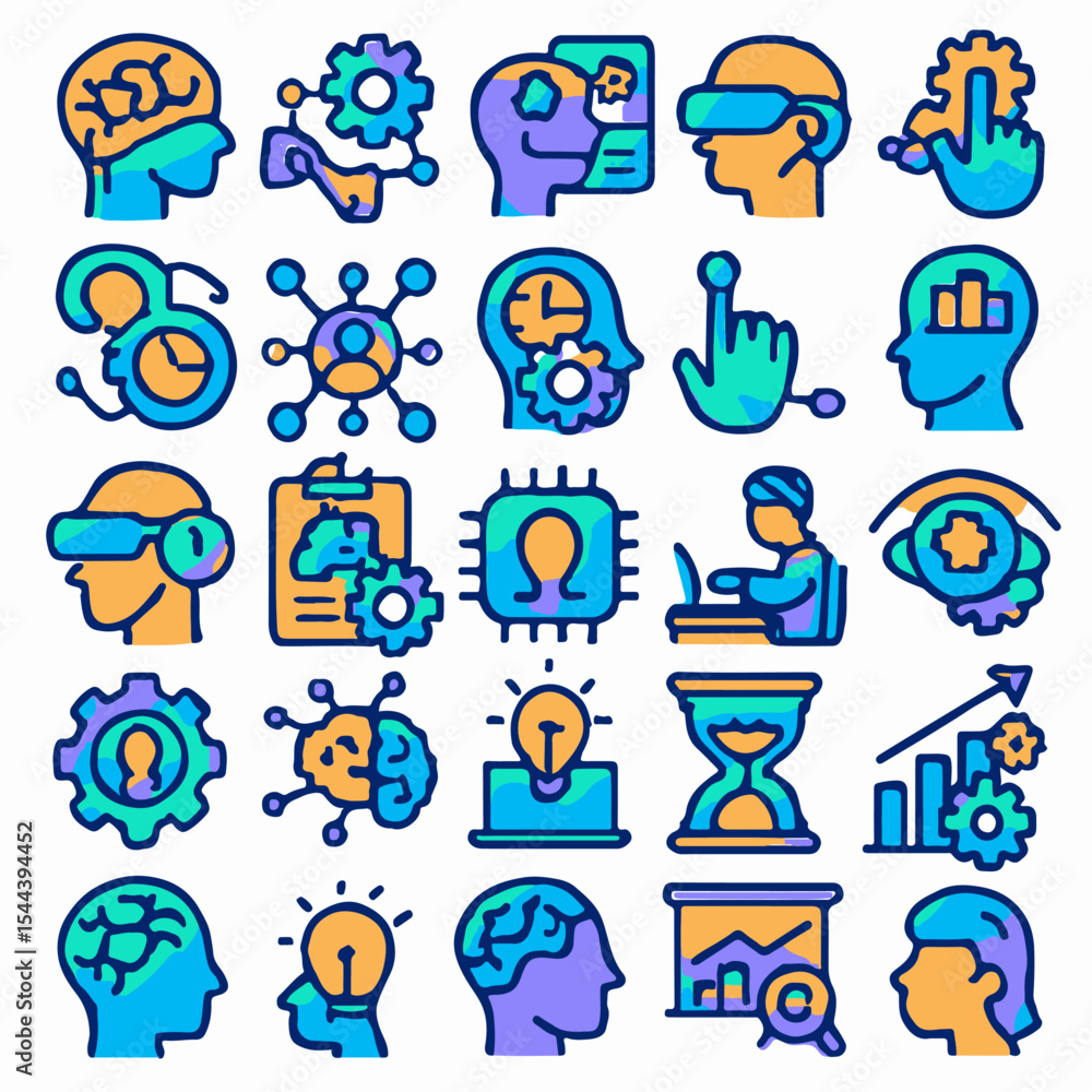 Fototapeta premium A collection of colorful icons representing different aspects of technology and the human mind. The icons are intricately designed and are in multiple shapes