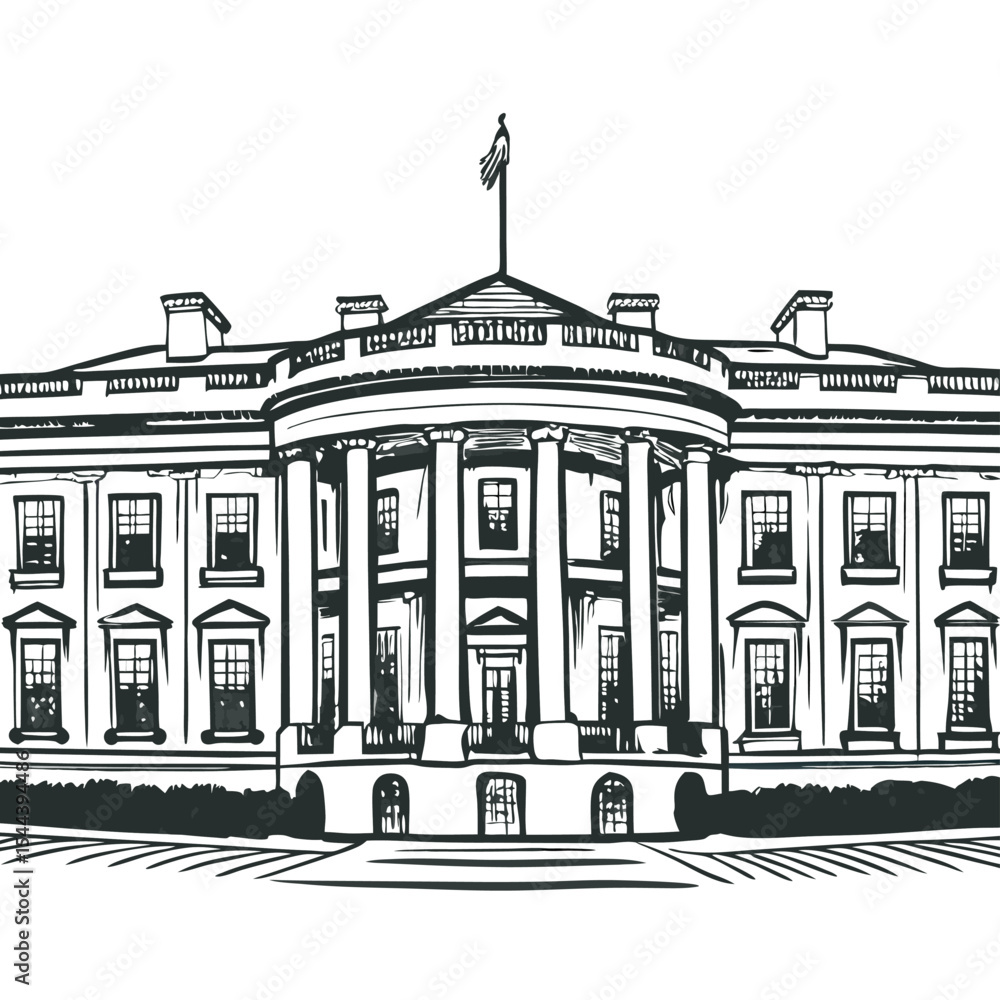 A meticulously detailed, black and white sketch of the White House. A meticulously detailed, black and white sketch of the White House.