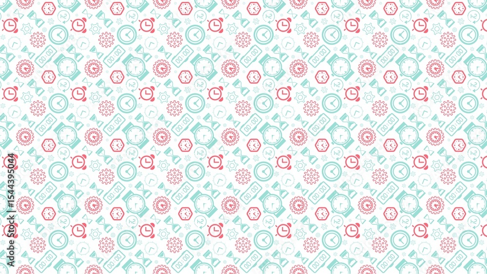 A repeating pattern of clocks, gears, and hourglasses in light blue and pink on a white background A repeating pattern of clocks, gears, and hourglasses in light blue and pink on a white background