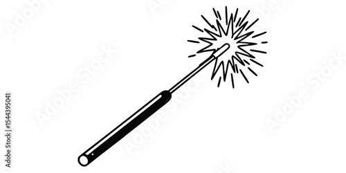 Illustration of a sparkler with a black handle and radiating sparks on a white background image view