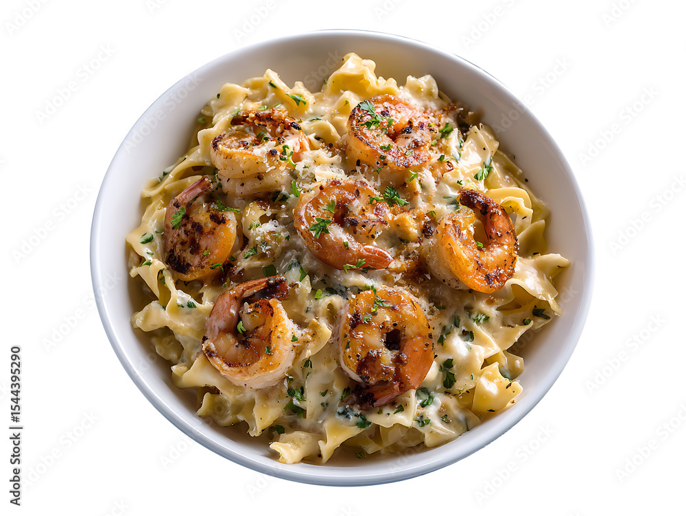 A realistic image of a plate of shrimp Alfredo pasta served on a dark, ridged ceramic plate. The linguine pasta is neatly twirled, coated in creamy Alfredo sauce, and topped with large, pink shrimp. A realistic image of a plate of shrimp Alfredo pasta served on a dark, ridged ceramic plate. The linguine pasta is neatly twirled, coated in creamy Alfredo sauce, and topped with large, pink shrimp.