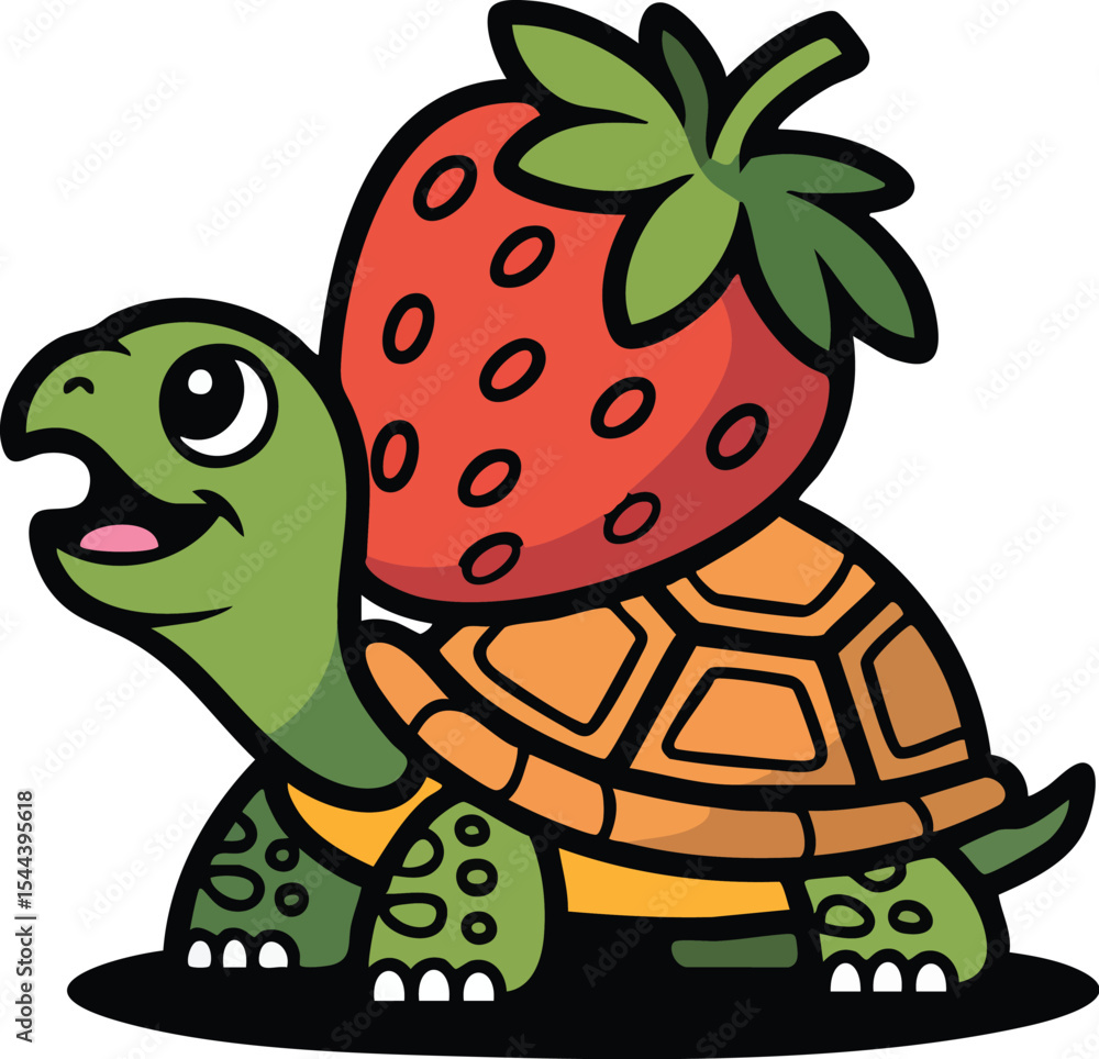 Naklejka premium Smiling Turtle with Strawberry Vector Illustration