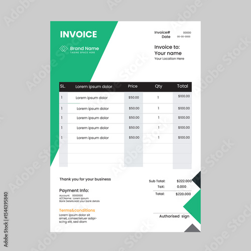 Modern green and white business invoice template