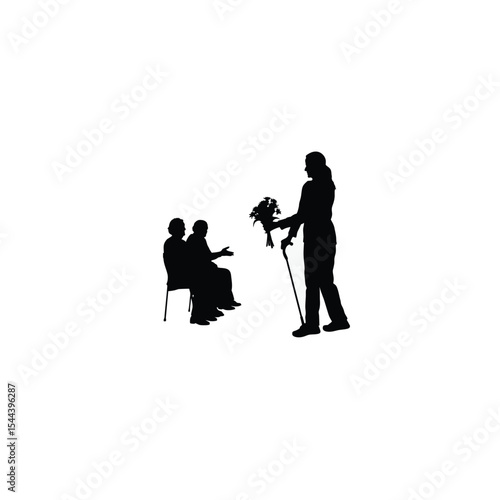Silhouette of a person handing out flowers at a senior care home on white background