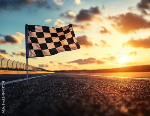 A checkered flag waving in the wind on an empty race track at sunset, symbolizing victory and success in motor racing or other sports events.