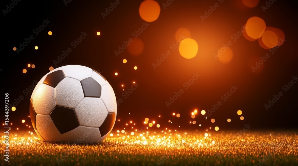 Fototapeta premium Soccer Ball on Glowing Grass Field at Night Dramatic Lighting Football Game