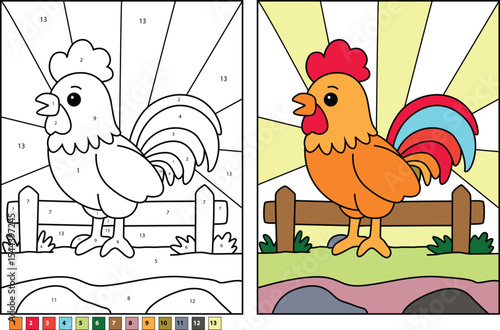 Cartoon Rooster Crowing Color By Number Illustration with Color Key - Fun Educational Activity for Kids to Learn Colors and Numbers