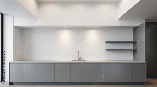 Precise architectural color photography of a kitchen design with minimalist grey cabinets in the bottom row and open space. Smooth gradient transitions, seamless color blending,