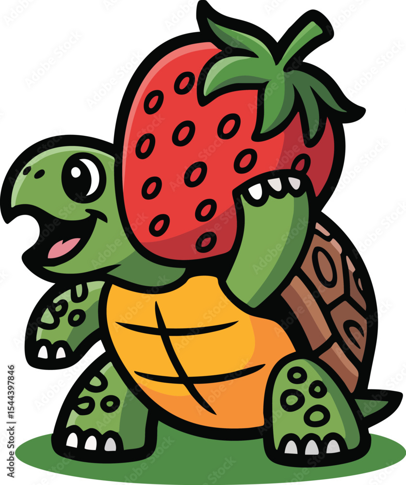 Naklejka premium Smiling Turtle with Strawberry Vector Illustration