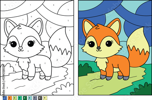 Adorable cartoon fox with a bushy tail, presented as a fun educational color-by-number activity for children, including both the black outline template and the vibrant finished colored illustration.