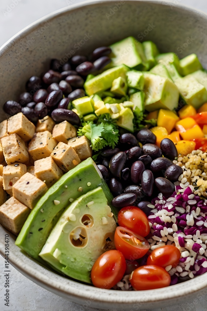 Healthy protein bowl featuring tofu black beans quinoa and assorted colorful vegetables on clean tabletop Healthy protein bowl featuring tofu black beans quinoa and assorted colorful vegetables on clean tabletop