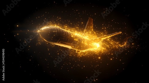 Golden spaceship launching, starry night, space travel