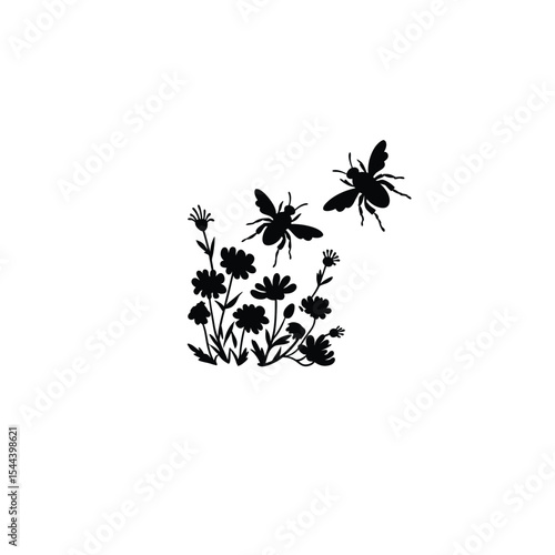 Silhouette of bees hovering around flowers on white background