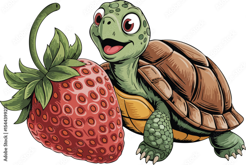 Naklejka premium Smiling Turtle with Strawberry Vector Illustration