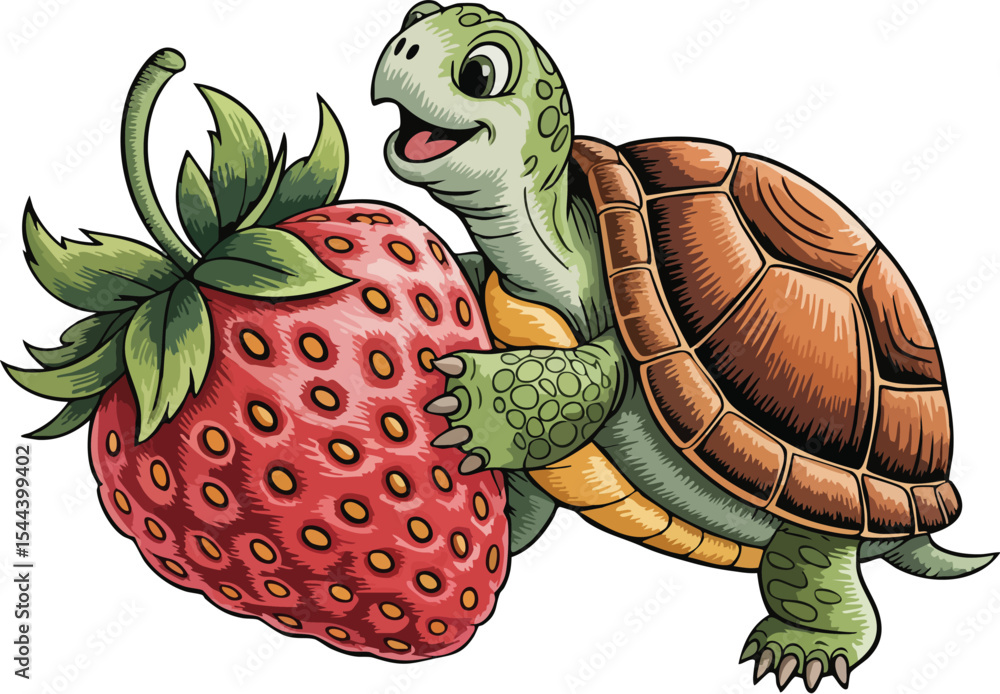 Fototapeta premium Smiling Turtle with Strawberry Vector Illustration