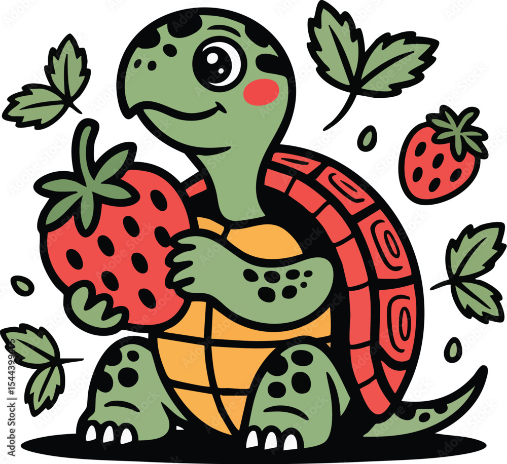 Fototapeta premium Smiling Turtle with Strawberry Vector Illustration