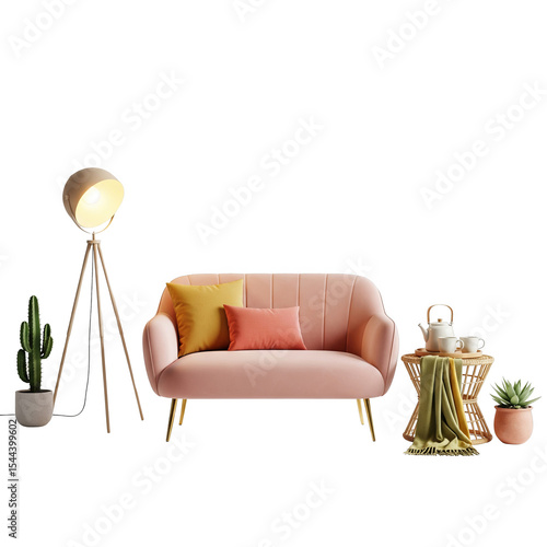 Modern pink sofa with decor isolated on transparent background