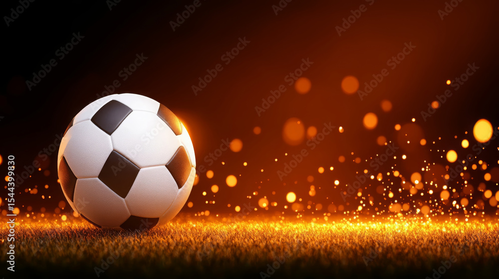 Fototapeta premium Soccer ball grass stadium sunset glowing dramatic empty evening