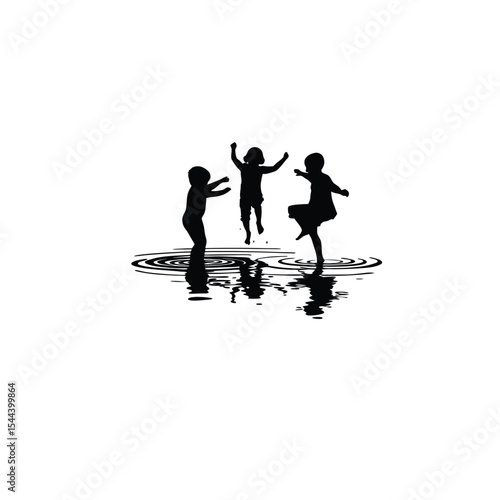 Silhouette of children playing in puddles after rain on white background