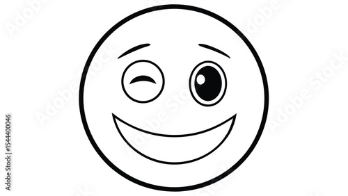 Outline drawing of a winking smiley face with a big smile and round eyes on a white background
