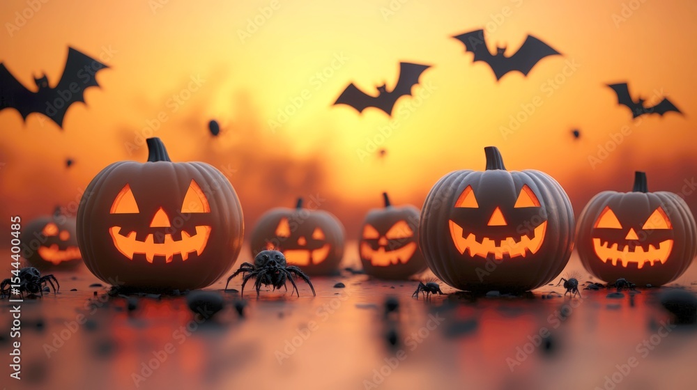 Halloween night scene with glowing pumpkins, spiders and bats against orange sky Halloween night scene with glowing pumpkins, spiders and bats against orange sky