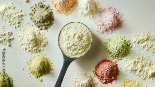 A protein powder scoop filled with finely textured whey protein powder in different flavors. Surrounding the scoop are small piles of various protein powder flavors. Nutritional and Fitness	