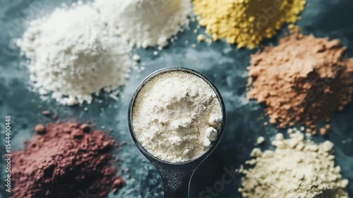 A protein powder scoop filled with finely textured whey protein powder in different flavors. Surrounding the scoop are small piles of various protein powder flavors. Nutritional and Fitness	