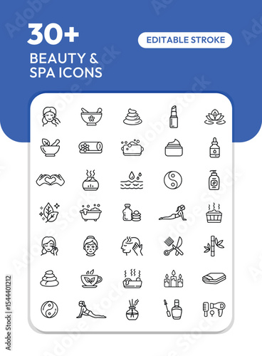 Collection of outline icons representing beauty and spa treatments and procedures.