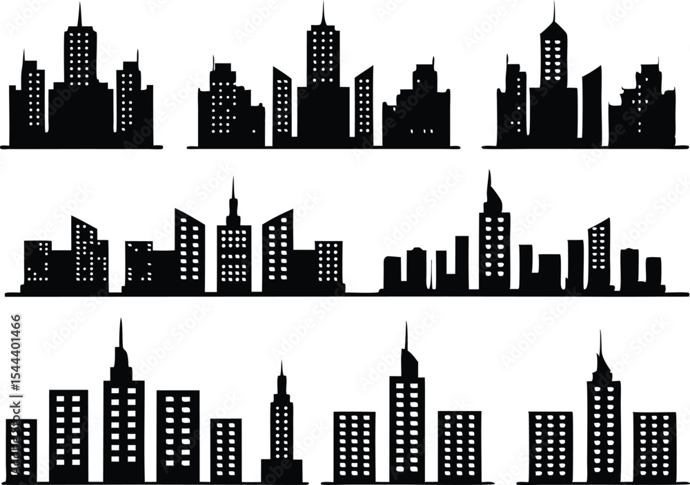 Fototapeta premium Vector Illustration of Black City Skyline Silhouettes,black and white skyline silhouette of modern city skyscrapers, realistic urban cityscape, Night town skylineicons, Set of black city silhouette,Ai