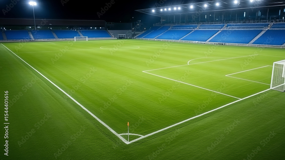Obraz premium Aerial night soccer pitch stadium empty illuminated green field modern