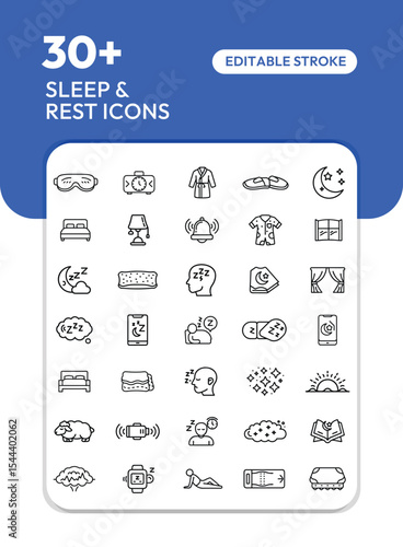 Collection of minimalist line art icons related to sleep and rest activities.