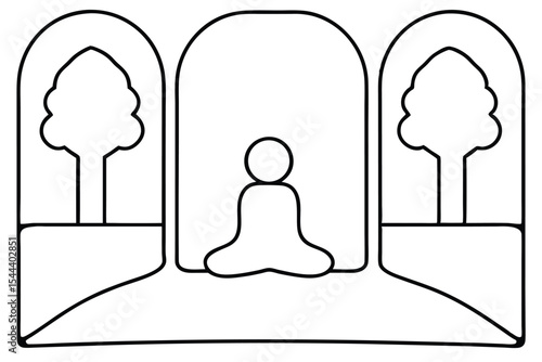 Simple illustration of meditating figure with trees within archways on a white background