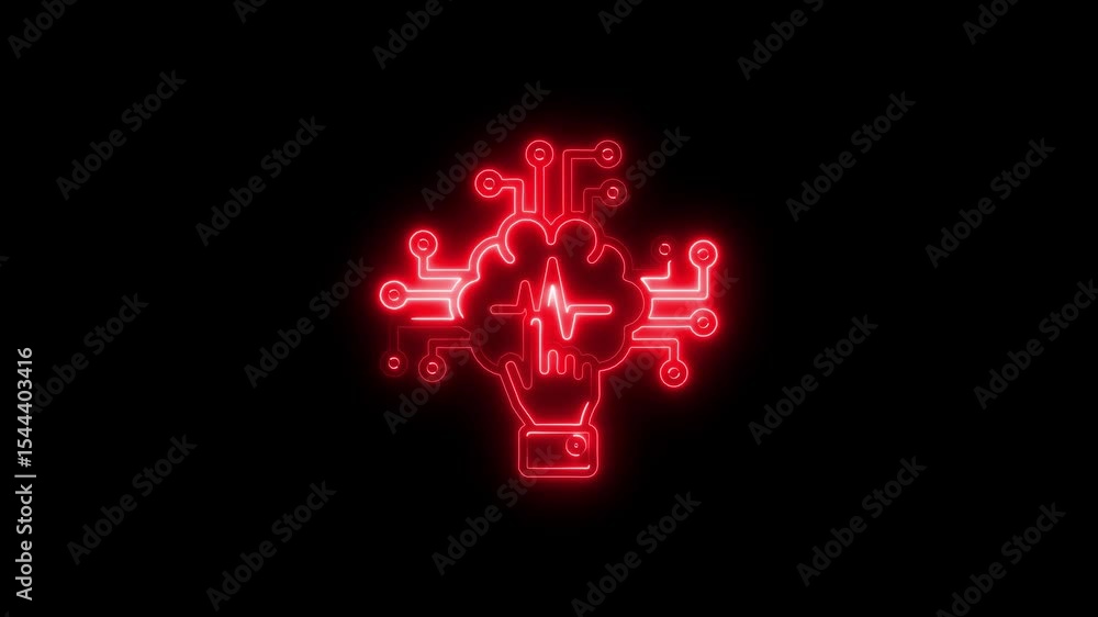 Red neon brain circuit with pulse wave representing technological advancement Red neon brain circuit with pulse wave representing technological advancement