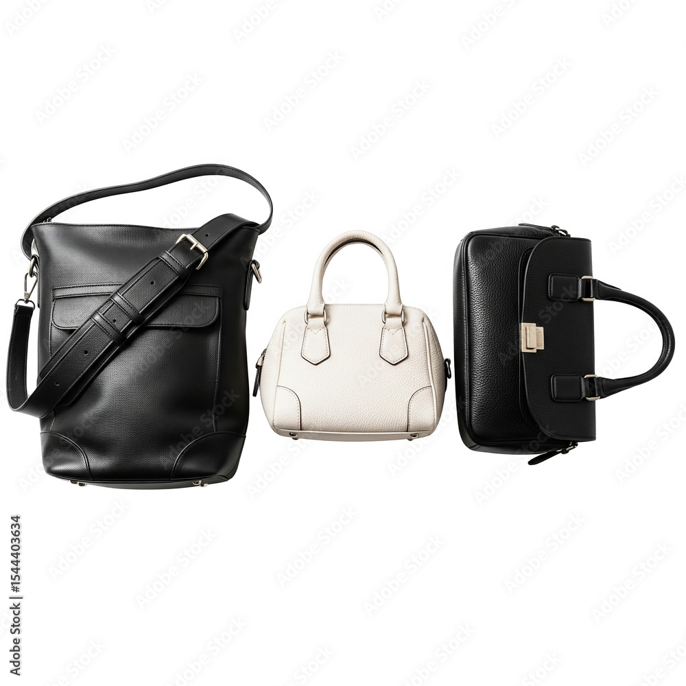 Naklejka premium Three handbags in black and white leather isolated on transparent background